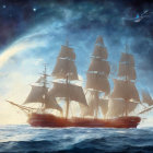 Majestic sailing ship under cosmic sky with aurora lights