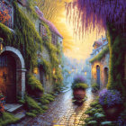 Picturesque cobblestone alley with flowers, plants, and warm lights at twilight