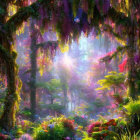 Lush forest scene with vibrant colors and hanging purple moss