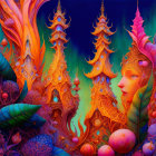 Surreal landscape with towering orange alien-like plants in vibrant colors