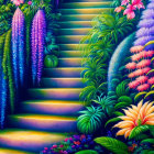 Colorful Staircase Surrounded by Lush Foliage and Flowers