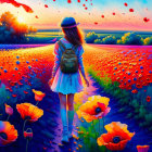 Colorful Poppy Field Painting Featuring Girl Walking at Sunset