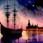 Twilight harbor scene with sailing ship and illuminated buildings
