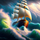 Majestic sailing ship on tumultuous ocean waves under dramatic sky