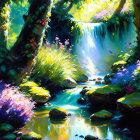 Colorful painting of serene woodland scene with waterfall and pink flower