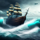 Sailing ship on stormy ocean with billowing sails