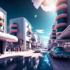 Futuristic city street with sleek cars, pedestrians, and verdant plant life under a celestial sky