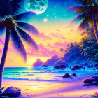 Colorful Twilight Beach Scene with Two Moons, Palm Trees, and Gentle Waves