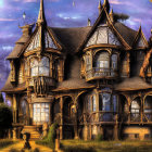 Victorian-style house with multiple gables and ornate wooden trimmings in a dusky landscape