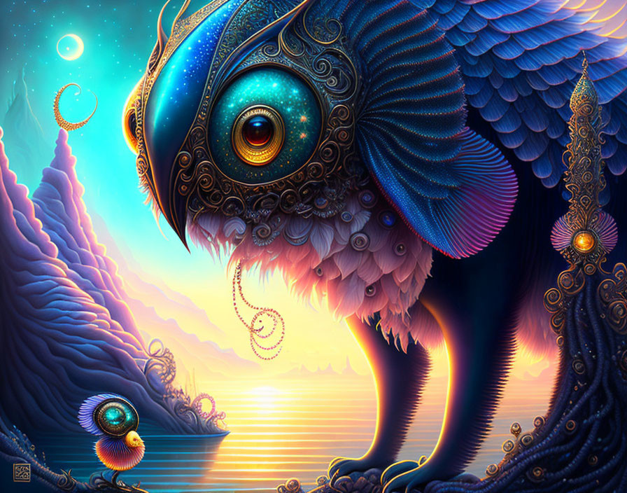 Colorful artwork featuring fantastical creature with oversized eye, ornate feathers, against twilight backdrop.