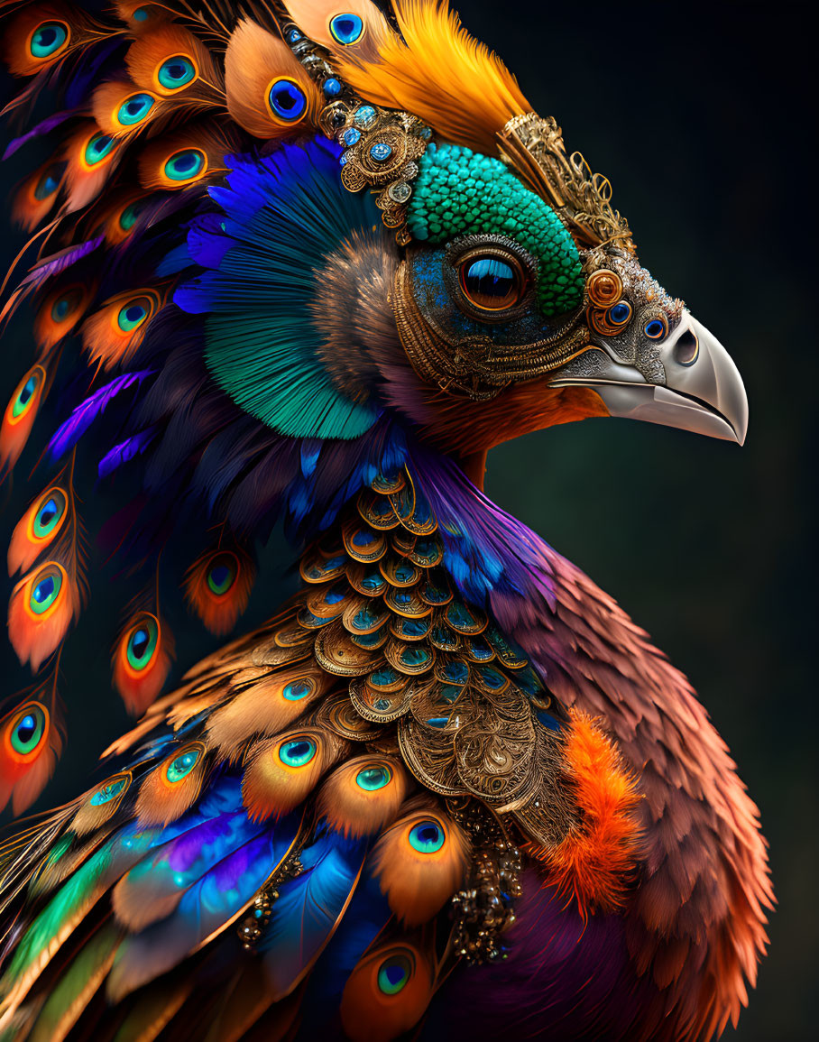 Vivid Blue and Orange Plumage Peacock Close-Up with Intricate Jewelry