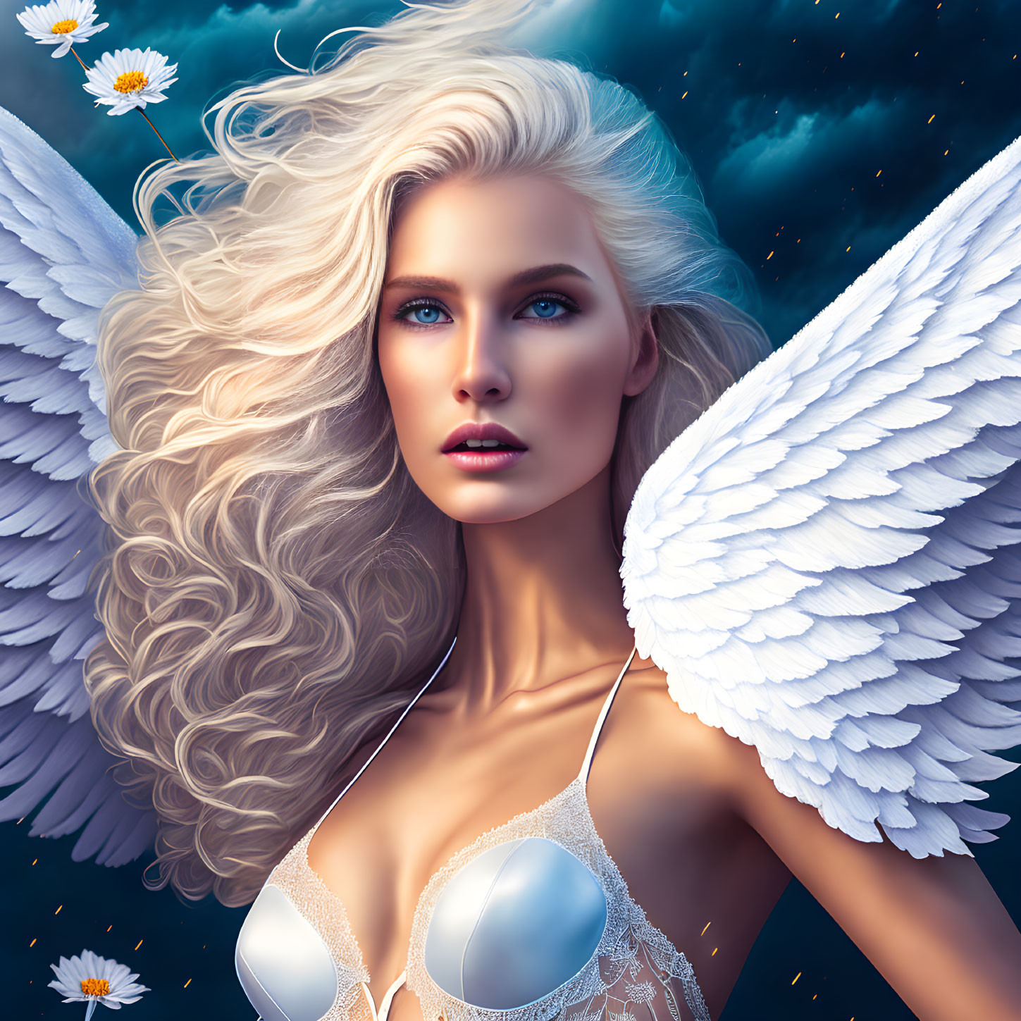 Blonde woman with angelic wings in night sky with daisies