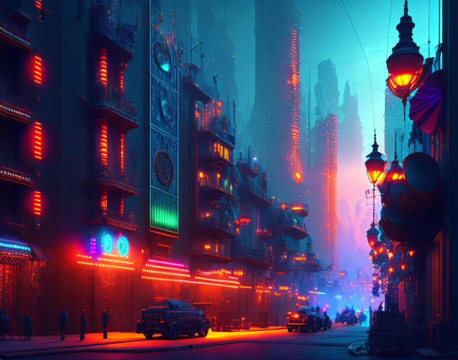 Futuristic cyberpunk cityscape with neon signs and glowing lights