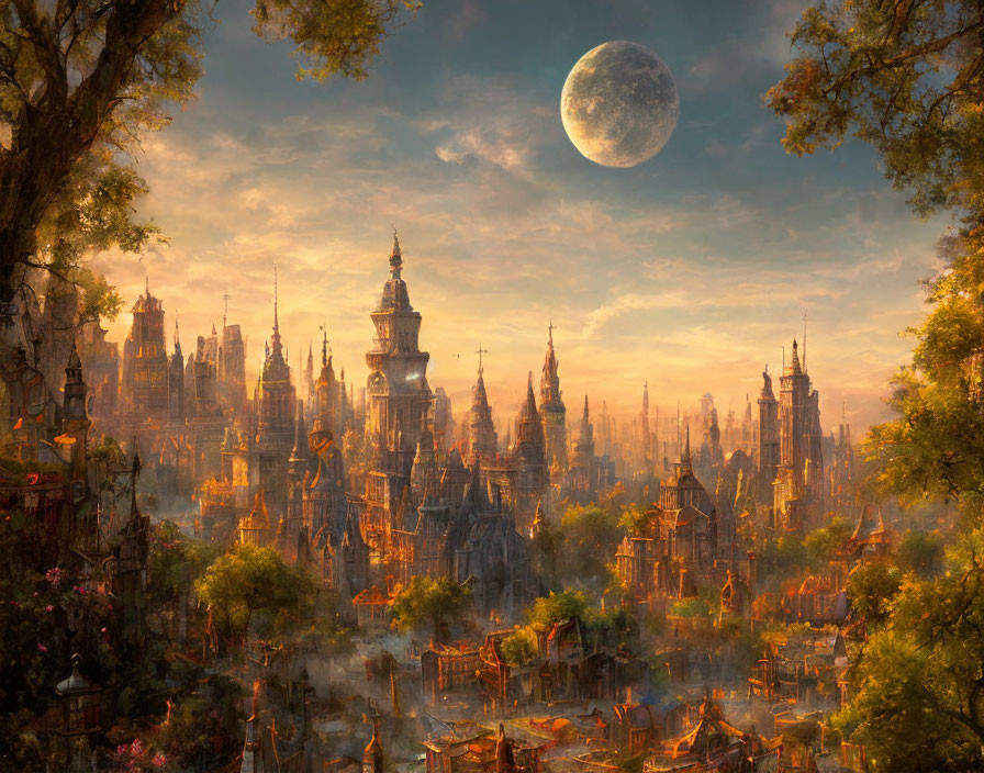 Fantasy cityscape with towering spires under large moon and lush sunset foliage.