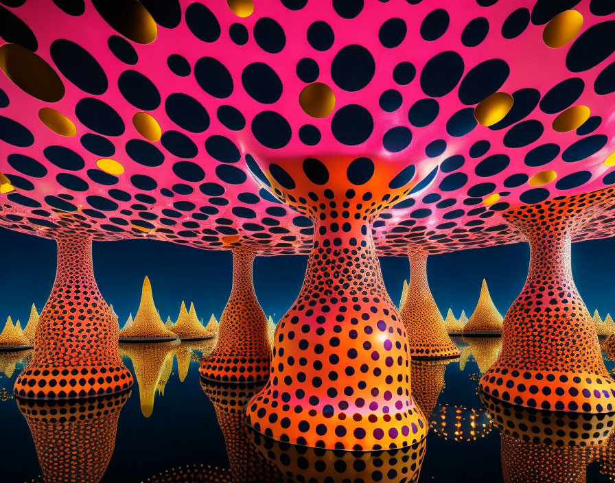 Colorful polka-dotted cone shapes under patterned dome on mirror surface against blue background