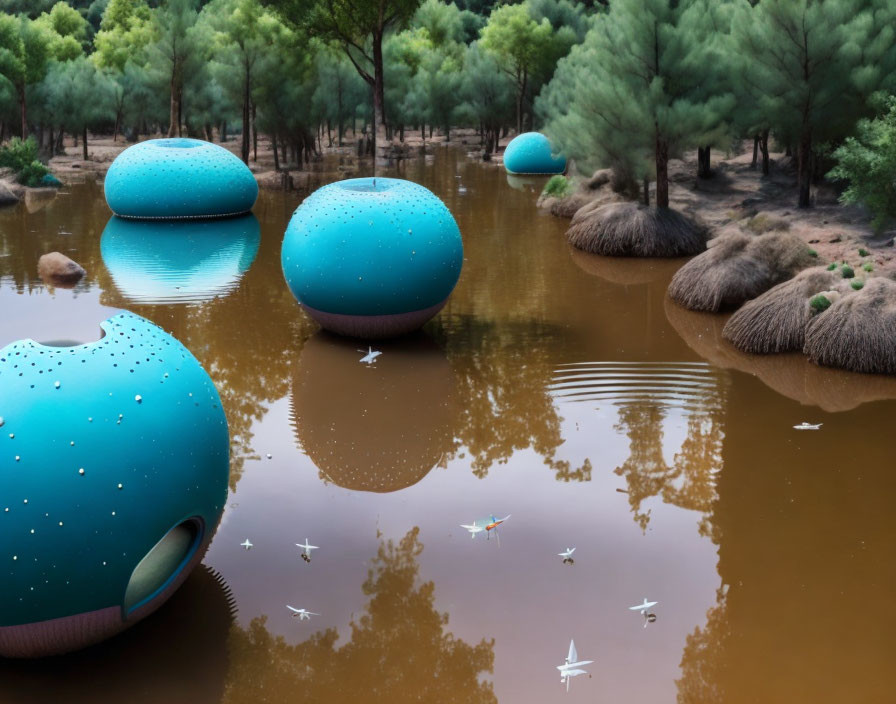 Blue spherical sculptures, origami boats, and perforated sphere reflected on water amid trees