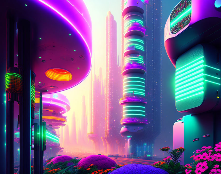 Futuristic neon-lit cityscape with towering skyscrapers and alien flora