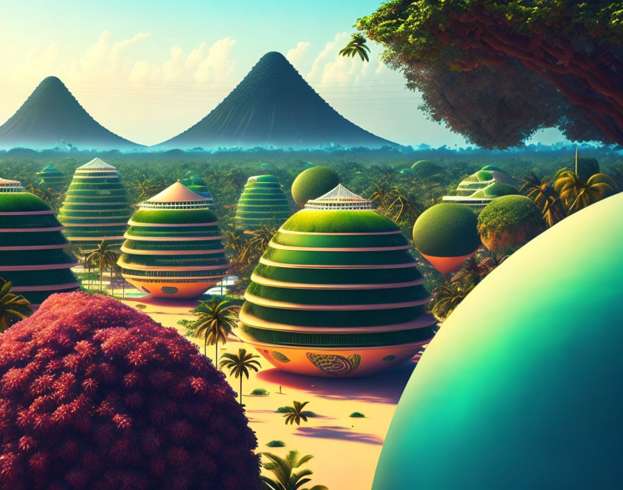 Colorful futuristic landscape with spherical structures, lush vegetation, and distant mountains