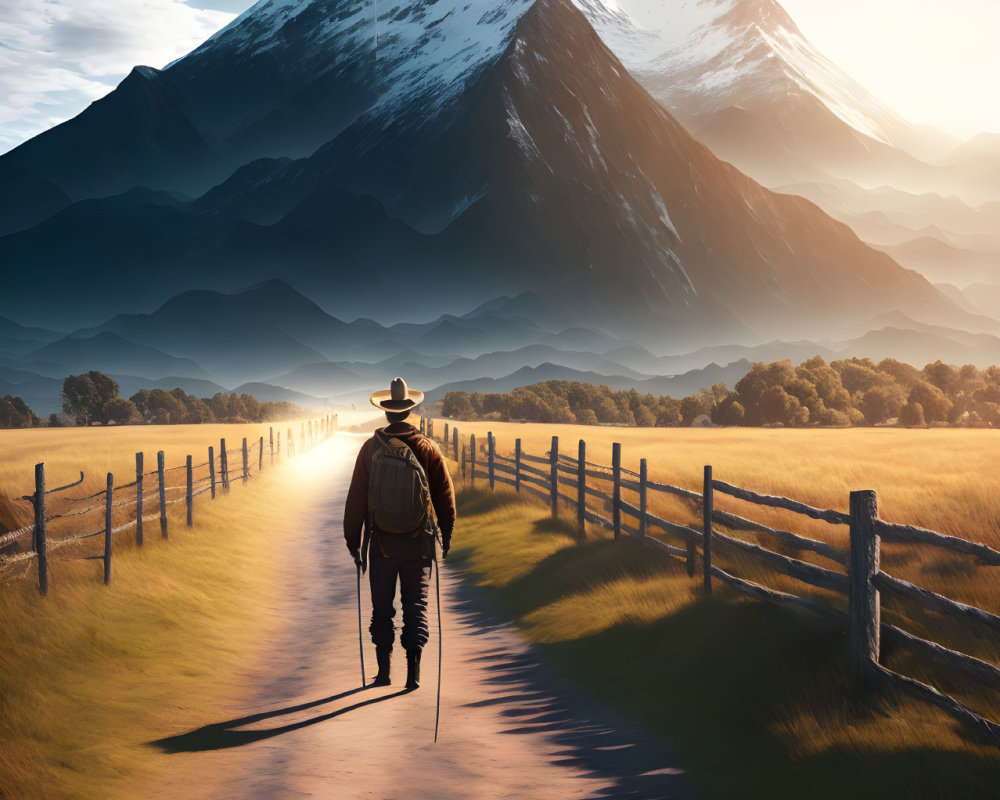 Hiker with backpack and walking stick near mountain with American flag