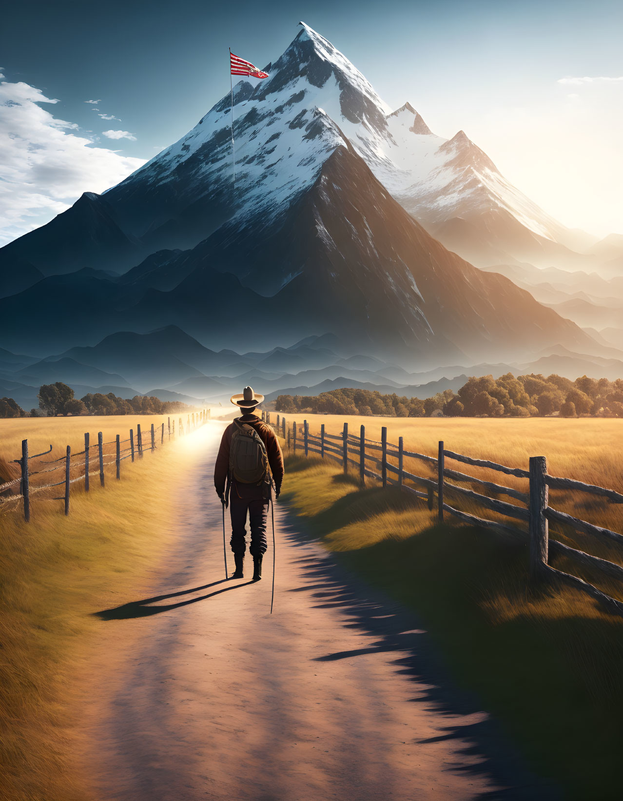 Hiker with backpack and walking stick near mountain with American flag