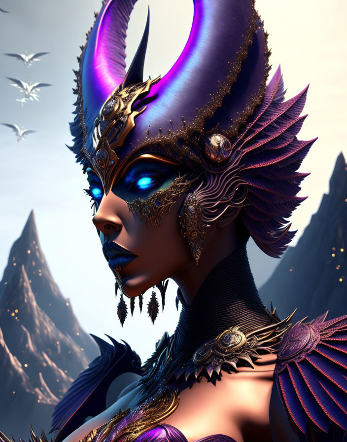 Fantasy female character with glowing blue eyes and majestic headdress.