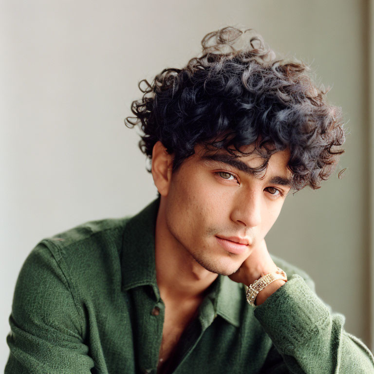 Young man with curly hair in green shirt gazing thoughtfully.