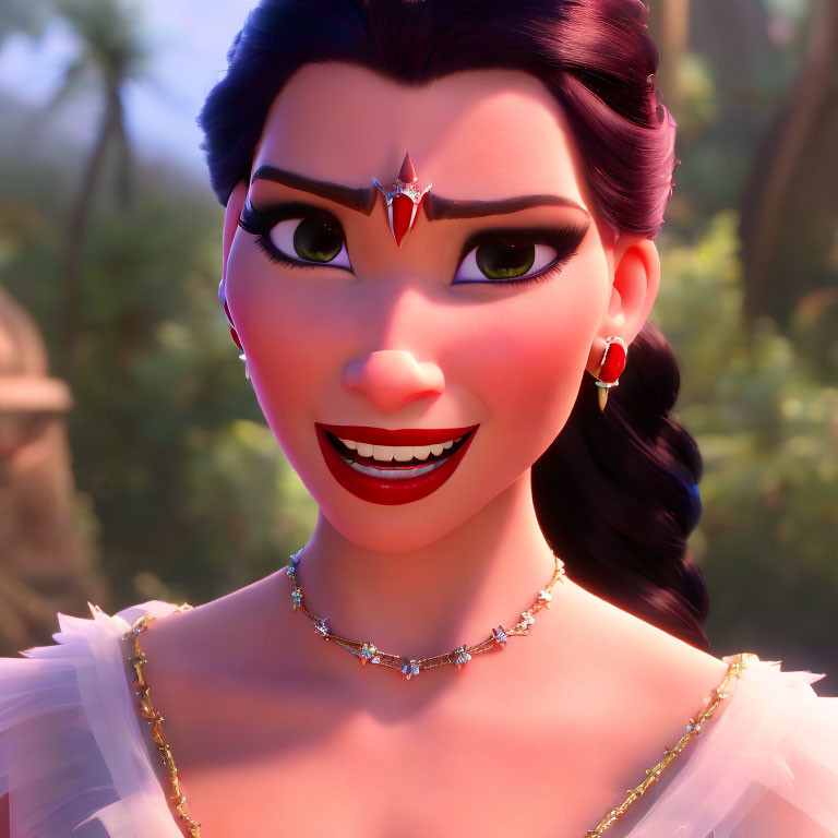 Smiling female animated character with tiara, earrings, and necklace in forest setting