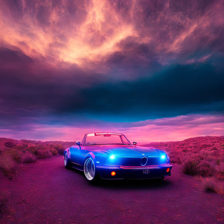 Blue classic convertible car under dramatic purple and orange sky on desert road