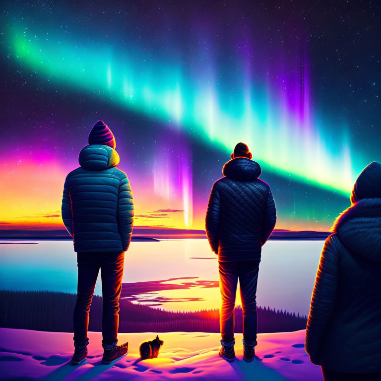 Three People and a Cat Viewing Aurora Borealis in Snowy Sunset