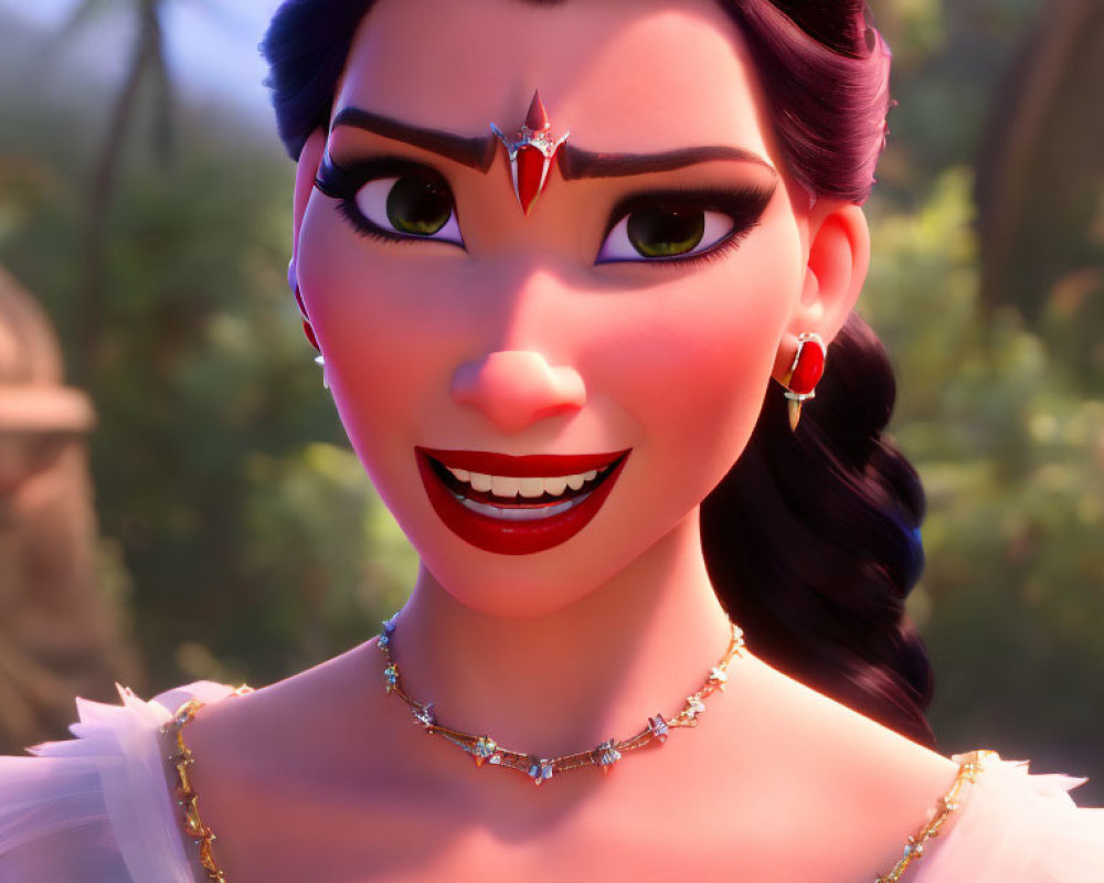 Smiling female animated character with tiara, earrings, and necklace in forest setting