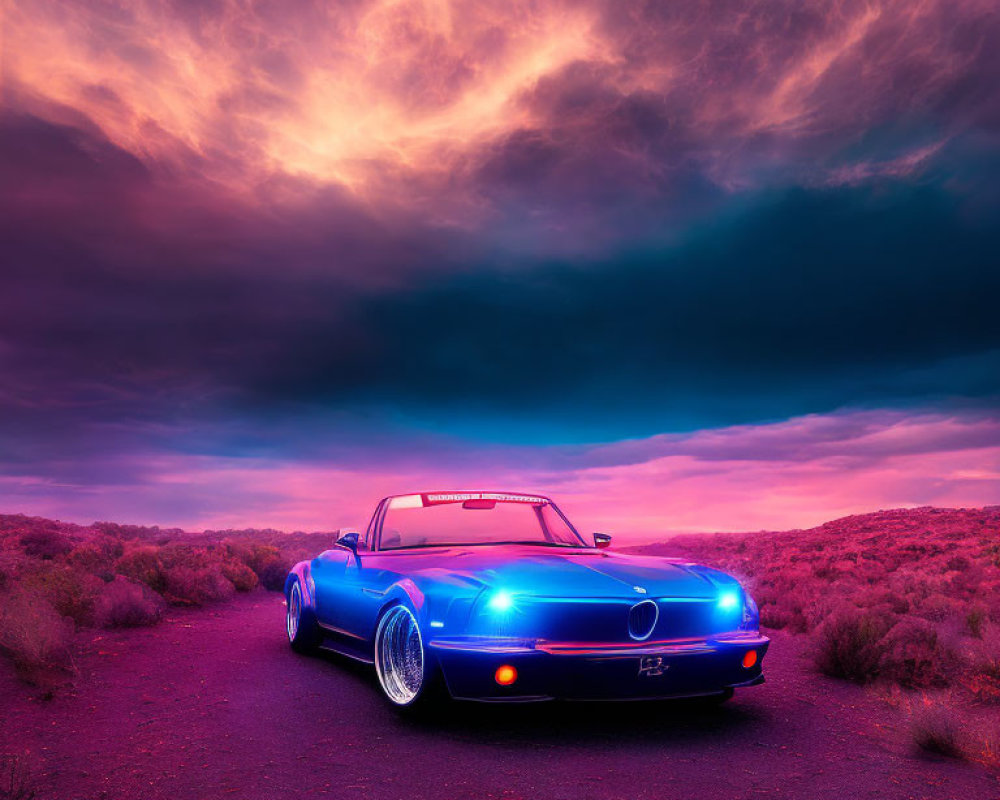 Blue classic convertible car under dramatic purple and orange sky on desert road