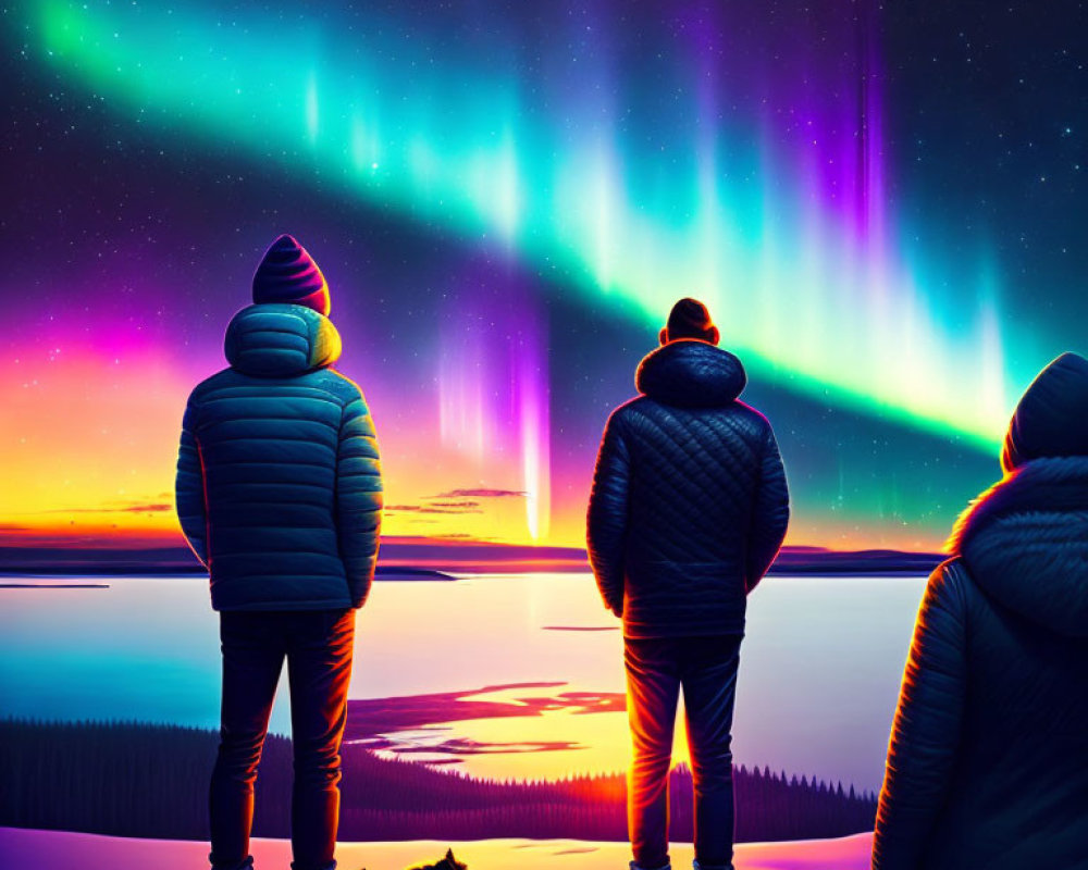 Three People and a Cat Viewing Aurora Borealis in Snowy Sunset