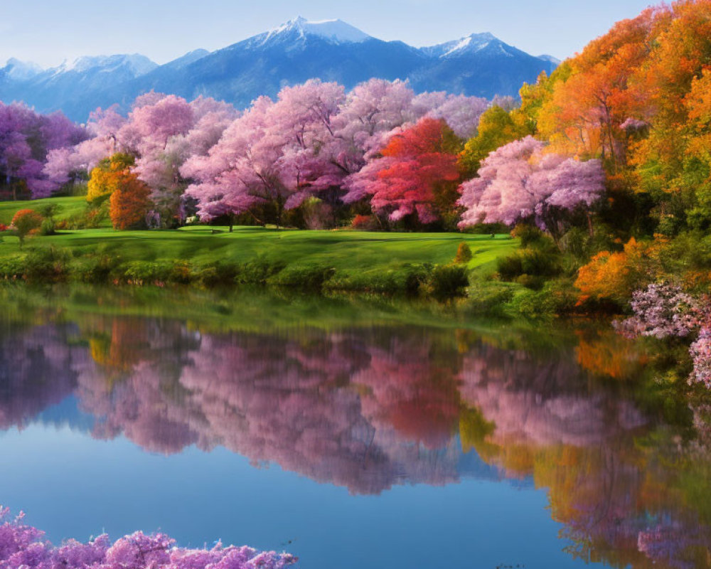 Scenic landscape with cherry blossoms, lake, trees, grass, and mountains