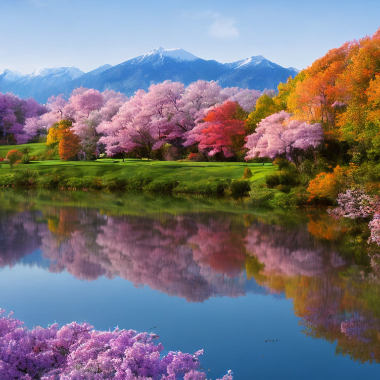 Scenic landscape with cherry blossoms, lake, trees, grass, and mountains