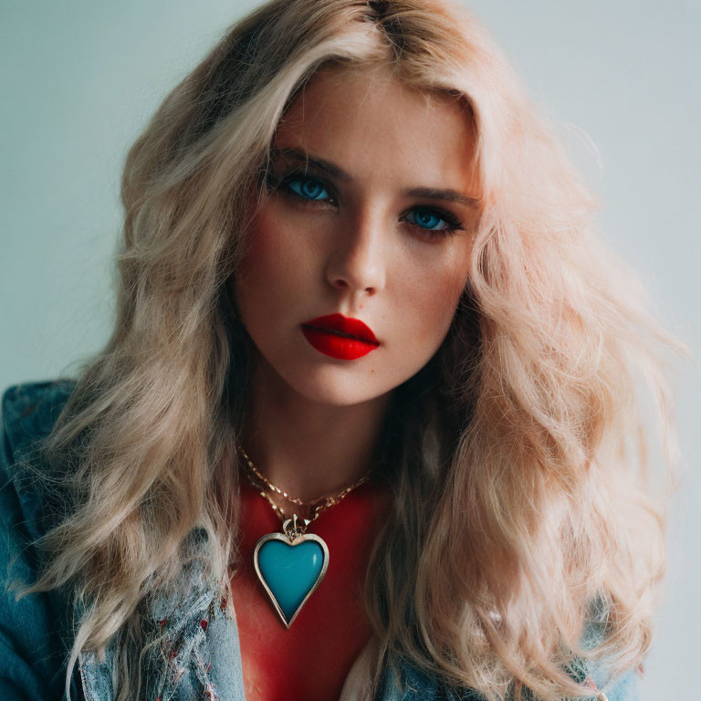 Portrait of woman with wavy blonde hair, blue eyes, red lipstick, denim jacket, heart pendant