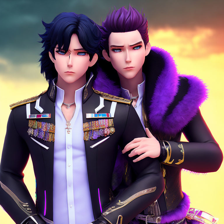 Animated male characters in stylish military outfits with unique hair under a sunset sky.