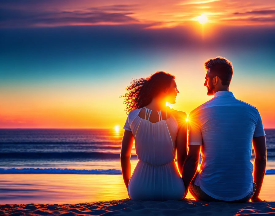 Romantic couple sitting on beach at sunset