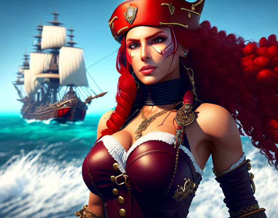 Stylized 3D illustration of female pirate with red hair and naval ship on tumultuous sea