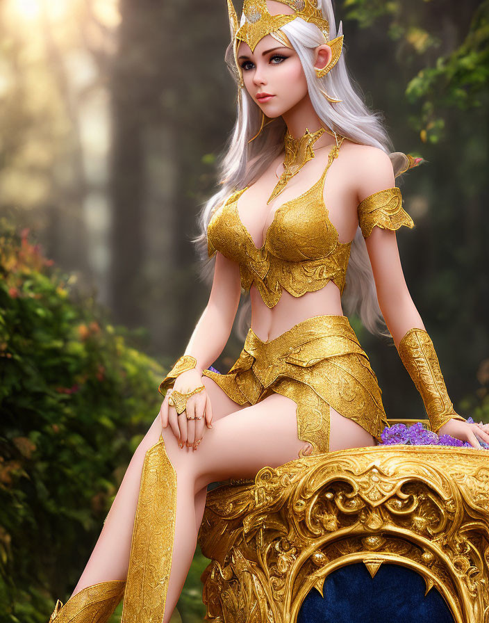 Elf princess in golden armor on mystical forest throne