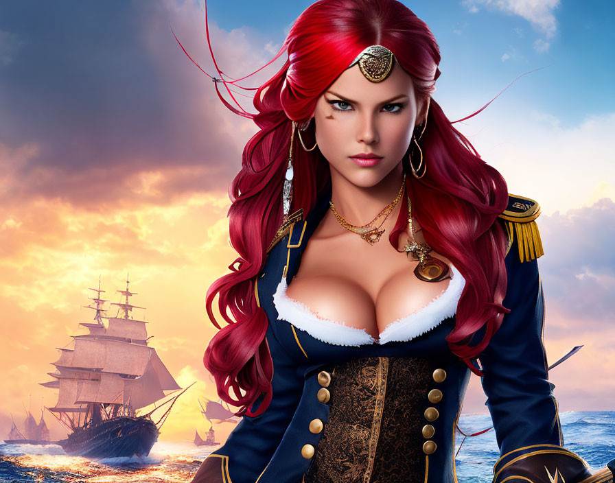 Digital Artwork: Female Pirate with Red Hair and Naval Coat