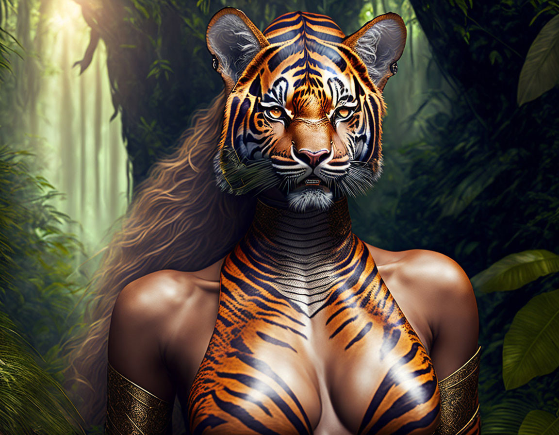 Digital artwork: Woman's face merges with tiger features in jungle setting