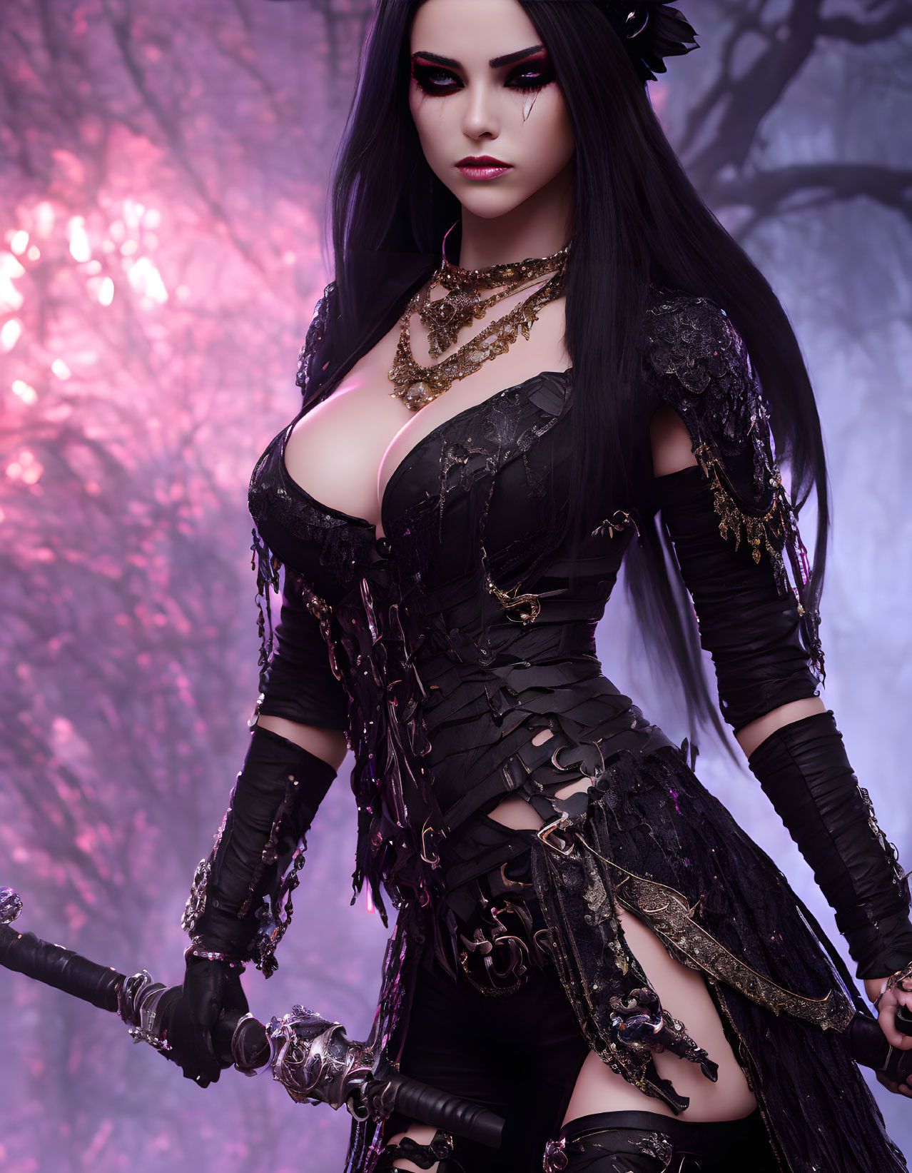 Gothic fantasy character in black outfit with staff on purple background