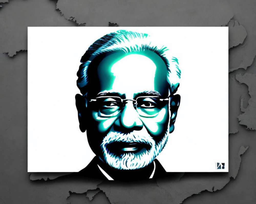 Monochrome bearded man with glasses on canvas against tear effect background