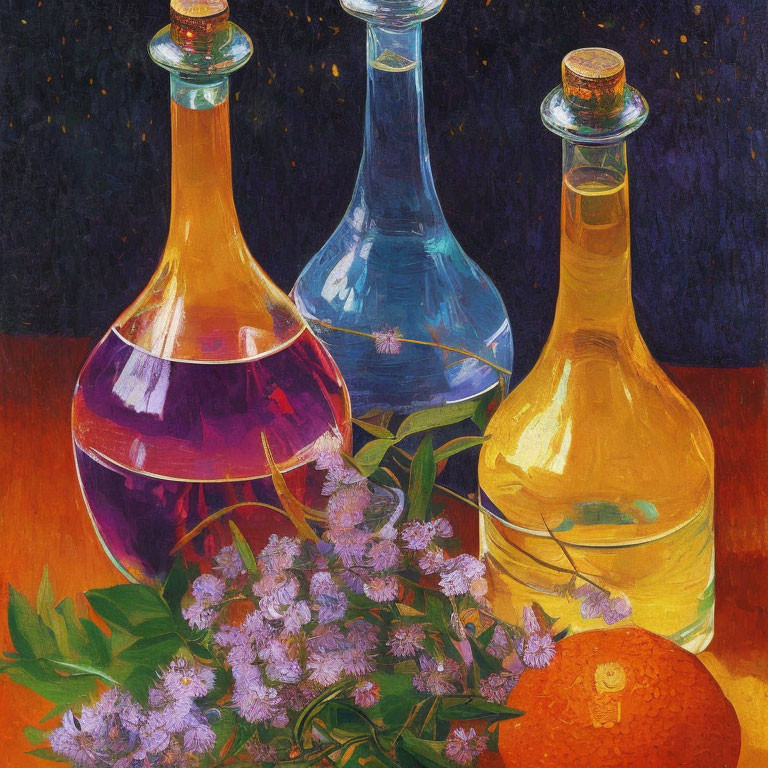 Vibrant still life painting with translucent bottles, purple flowers, and orange