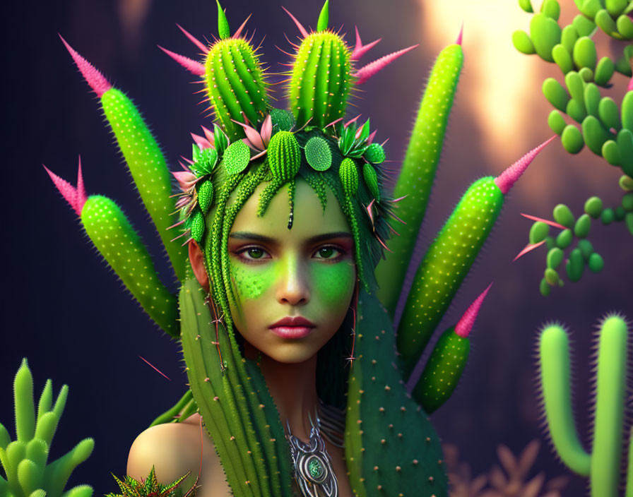 Digital portrait of woman with cactus-like features and green skin in cactus-filled scene.