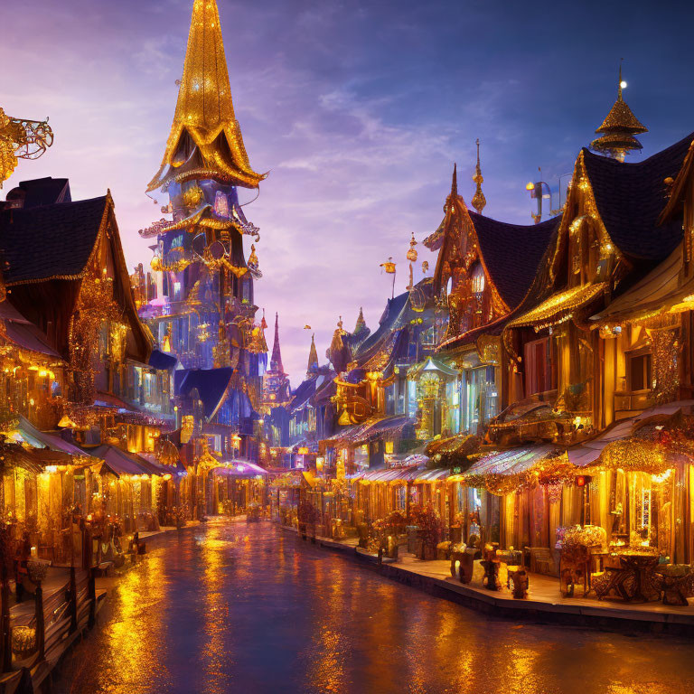 Twilight view of fantastical town with golden spires and illuminated buildings