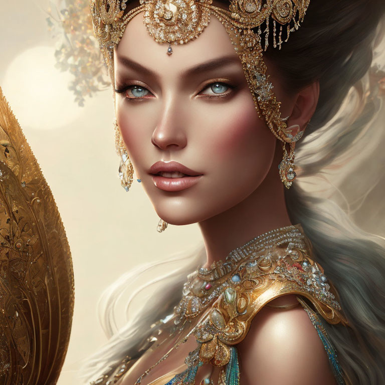 Fantasy queen with golden crown and silver hair portrait.