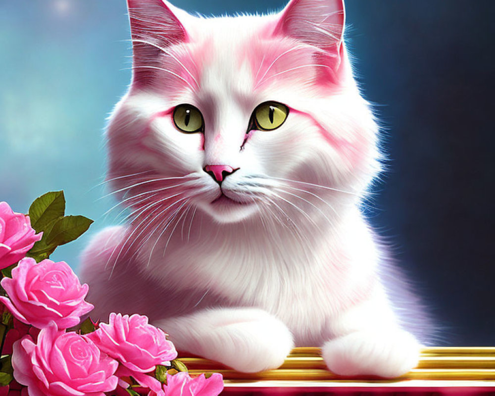 White and Pink Cat with Green Eyes Next to Pink Roses in Digital Art