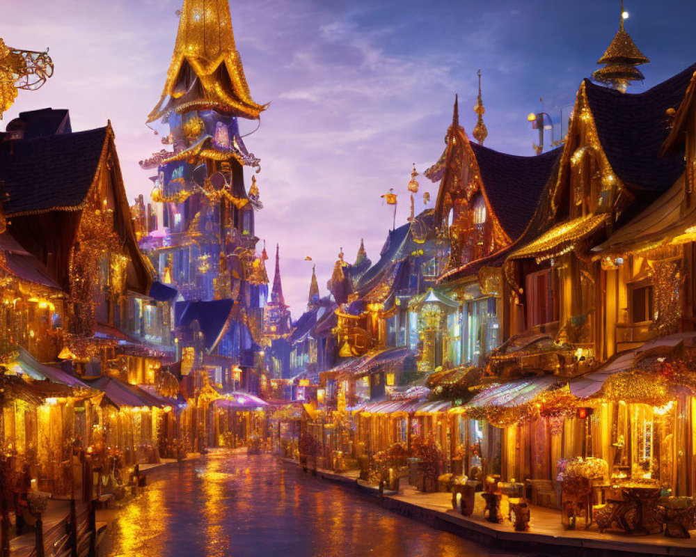 Twilight view of fantastical town with golden spires and illuminated buildings