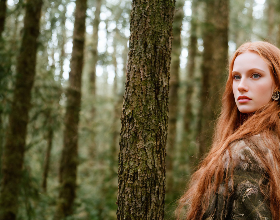 Red-haired woman in forest with patterned jacket and tree